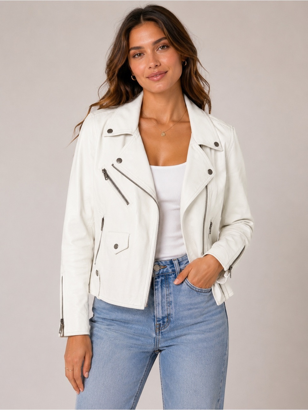 Olivaceous White Faux Leather Moto Jacket Women’s Size Small Motorcycle Biker